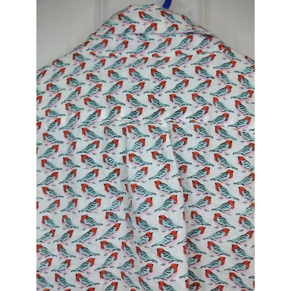 J.Crew Mens 100% Linen Bird Print Shirt Slim Fit Large Short Sleeve Coastal